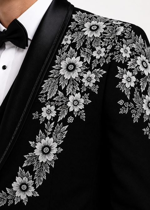 Black Tuxedo With White Floral Embroidery