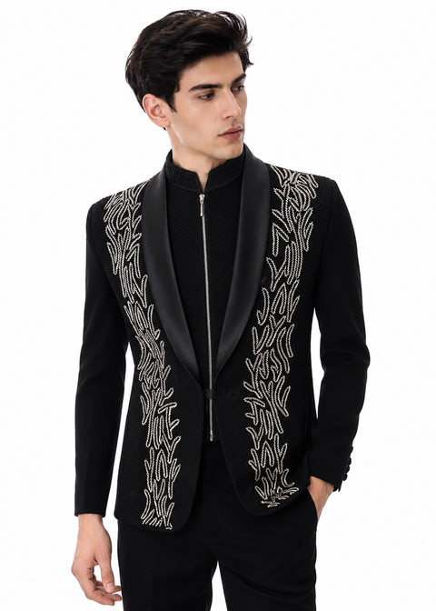 Silver Embroidered Asymmetric Tuxedo Suit in Black
