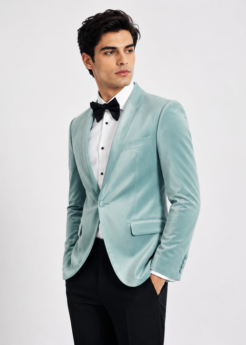 Slim Fit Light Blue Peak Lapel Velvet Blazer