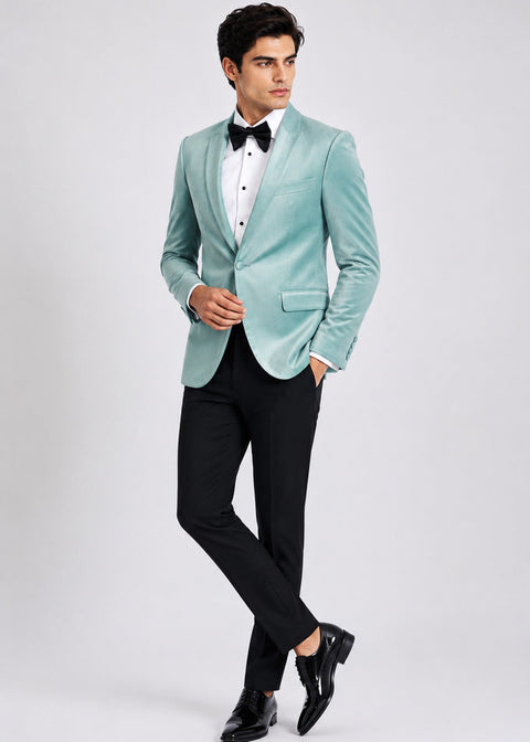 Slim Fit Light Blue Peak Lapel Velvet Blazer