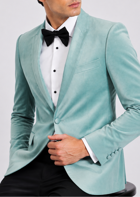 Slim Fit Light Blue Peak Lapel Velvet Blazer