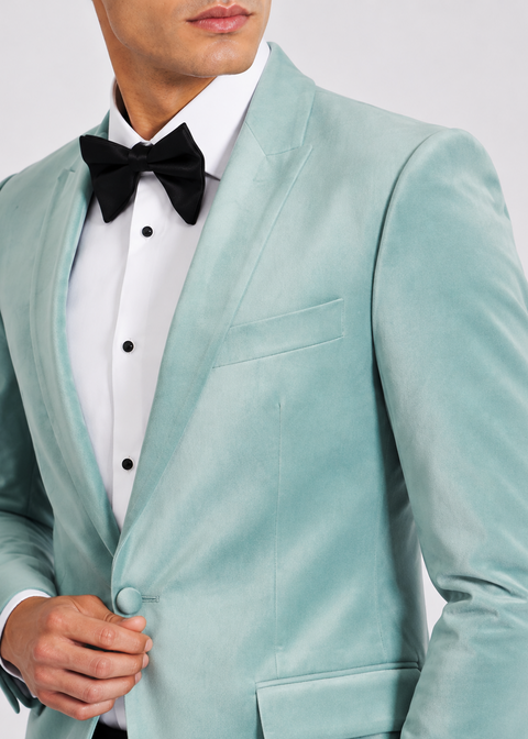 Slim Fit Light Blue Peak Lapel Velvet Blazer