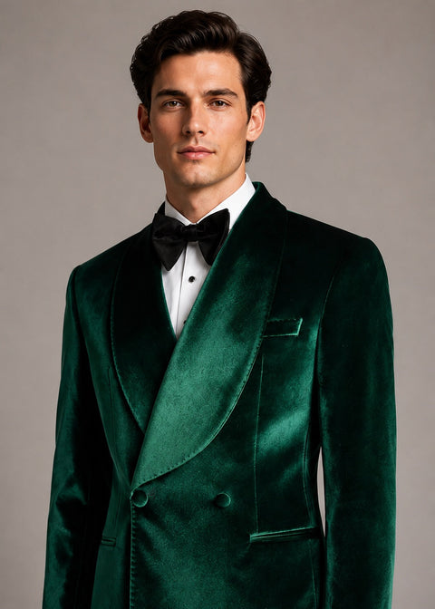 A man wearing a dark emerald green velvet tuxedo jacket with shawl lapels, paired with a white tuxedo shirt and black bow tie, photographed against a neutral gray studio background.