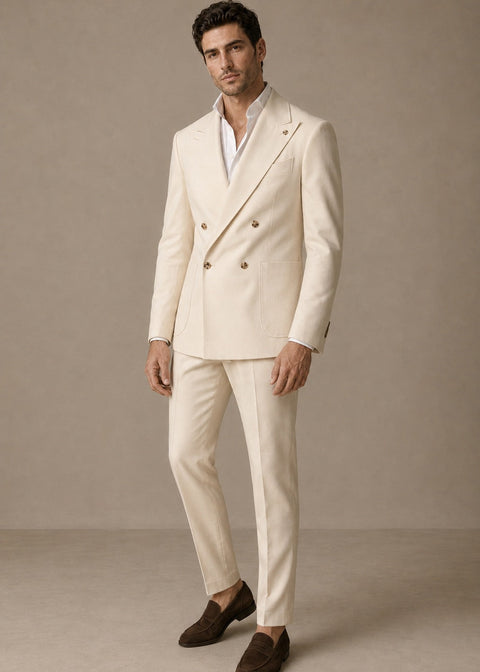 Slim Fit Cream Double Breasted Suit