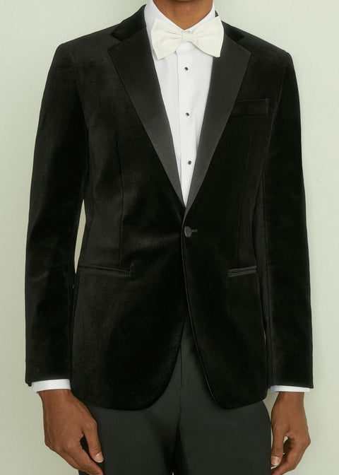 Velvet Single Breasted Blazer Tailored Fit in Black