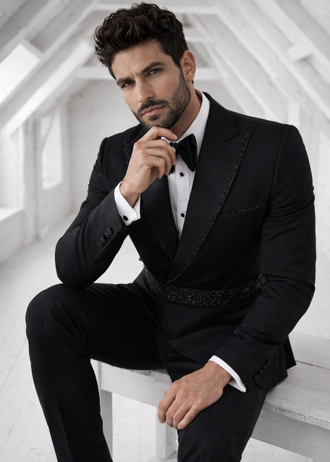 Black Contrast Lapel Embroidered Double Breasted Tuxedo Suit