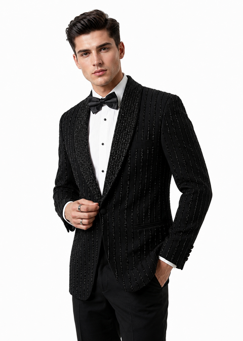 Black Embellished Striped Tuxedo