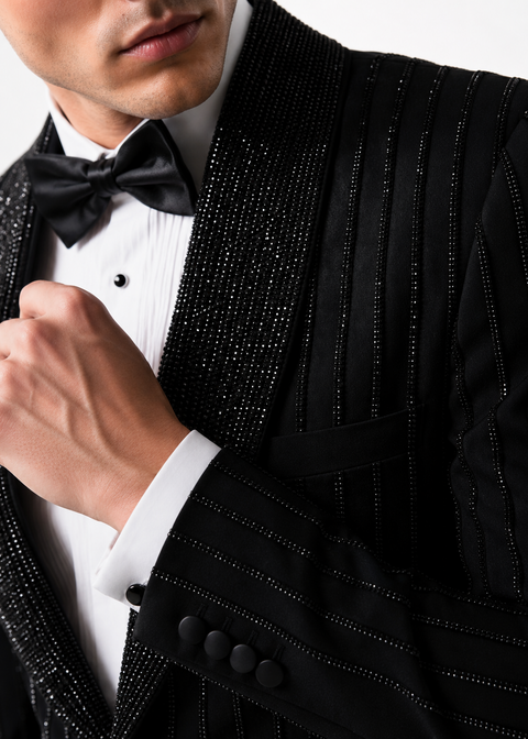 Black Embellished Striped Tuxedo