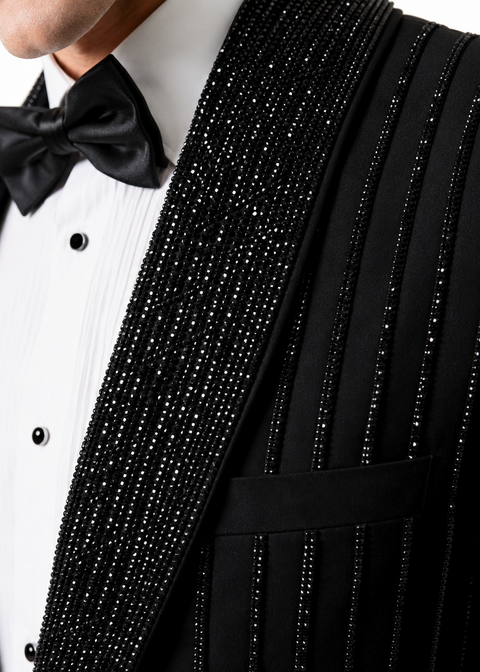Black Embellished Striped Tuxedo
