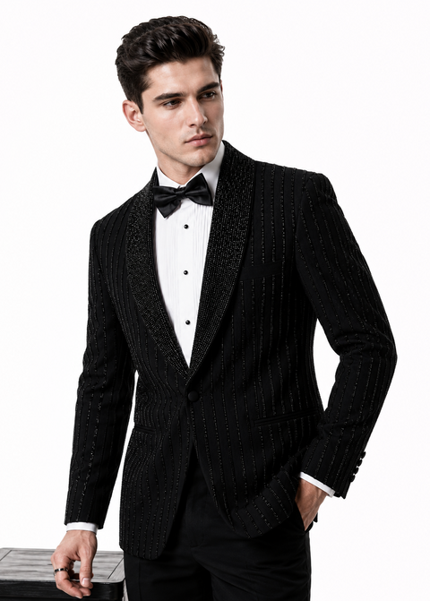 Black Embellished Striped Tuxedo