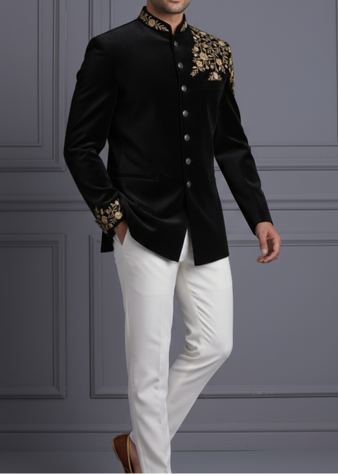 Black Velvet Floral Embroidered Bandhgala in Zari Gold