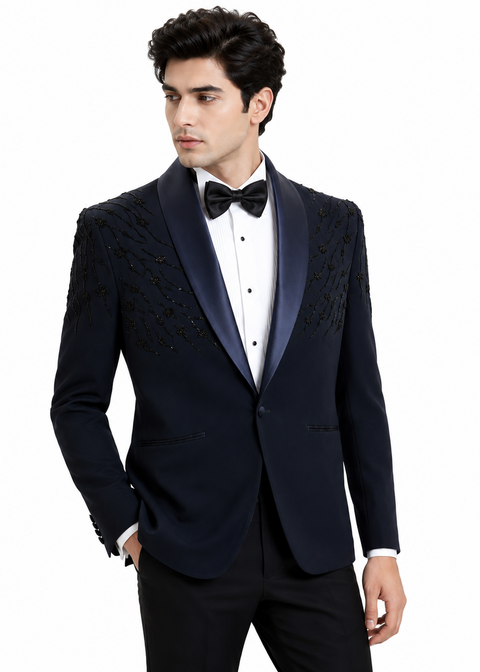 Navy Blue Cutdana Embellished Tuxedo