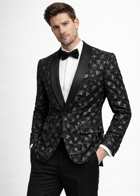 Slim Fit Black Abstract Embroidered Velvet Tuxedo Blazer