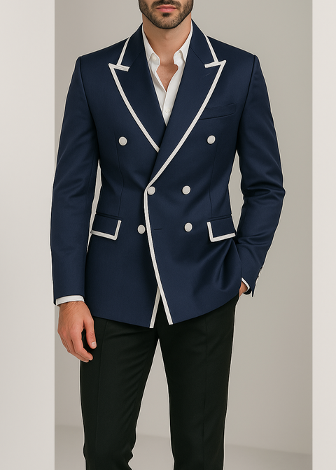 Slim Fit Blue Double Breasted Blazer with Contrast Lapel