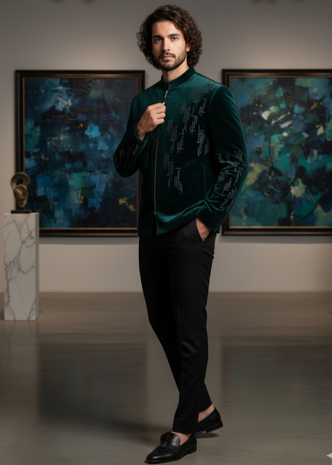 Green Velvet Geometrical Embroidered Bandhgala Suit