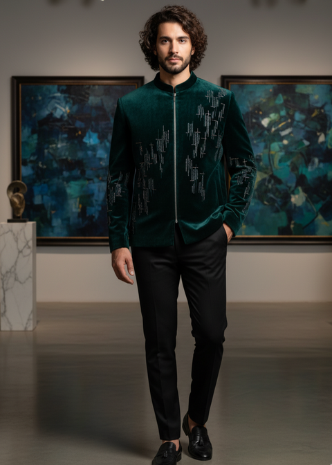 Green Velvet Geometrical Embroidered Bandhgala Suit