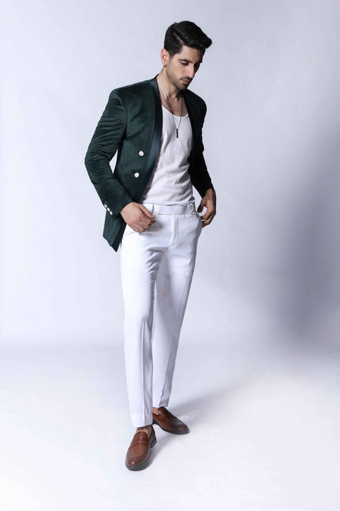 Velvet Green Double Breasted Unbuttoned Tuxedo Blazer