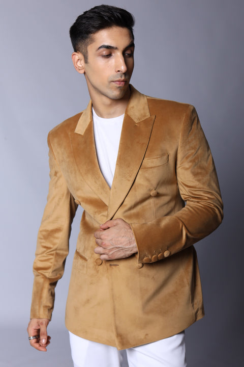 Slim Beige Velvet Double Breasted Blazer