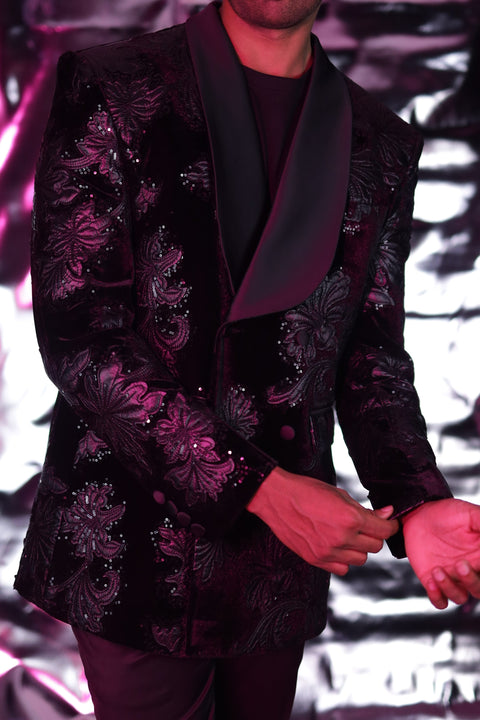 Black Floral Embroidered Double Breasted Tuxedo Blazer