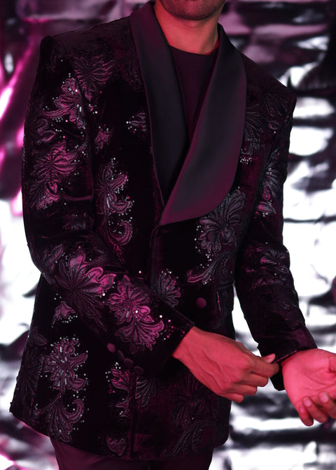 Black Floral Embroidered Double Breasted Tuxedo Blazer