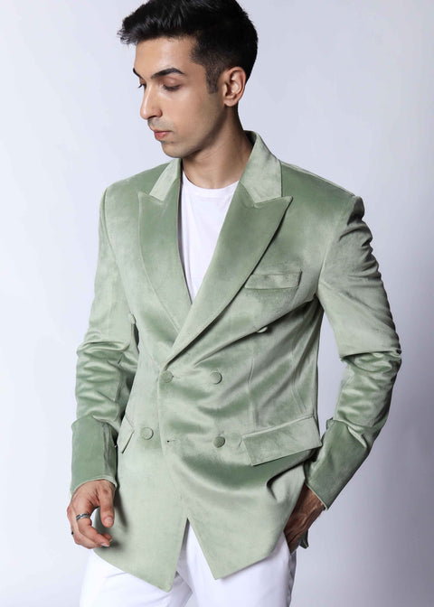Pastel Green Double Breasted Velvet Blazer
