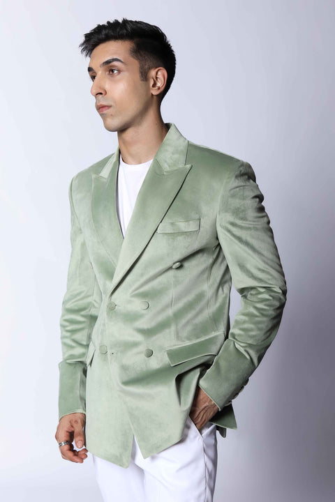 Pastel Green Double Breasted Velvet Blazer