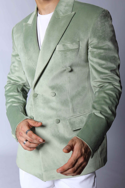 Pastel Green Double Breasted Velvet Blazer