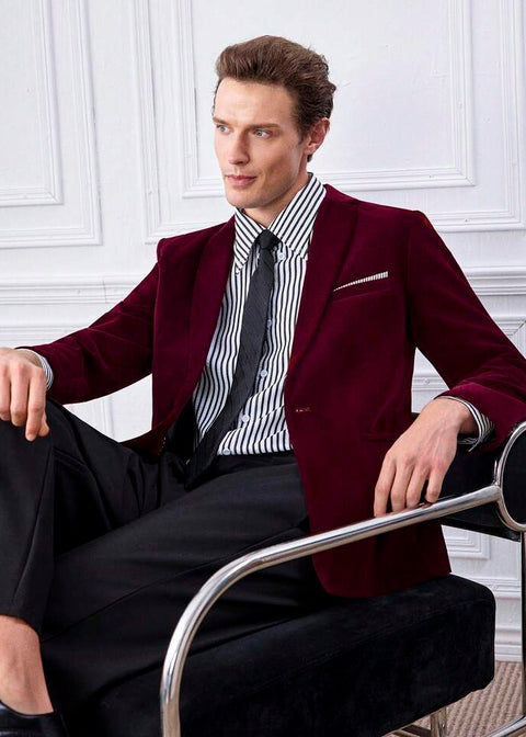 Notch Lapel Burgundy Velvet Blazer