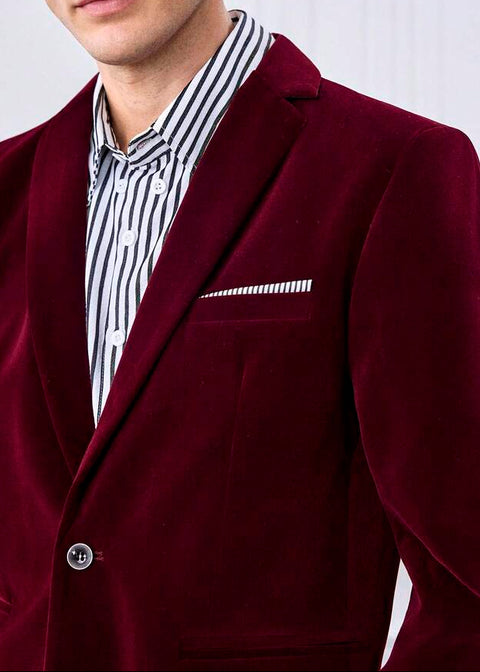 Notch Lapel Burgundy Velvet Blazer