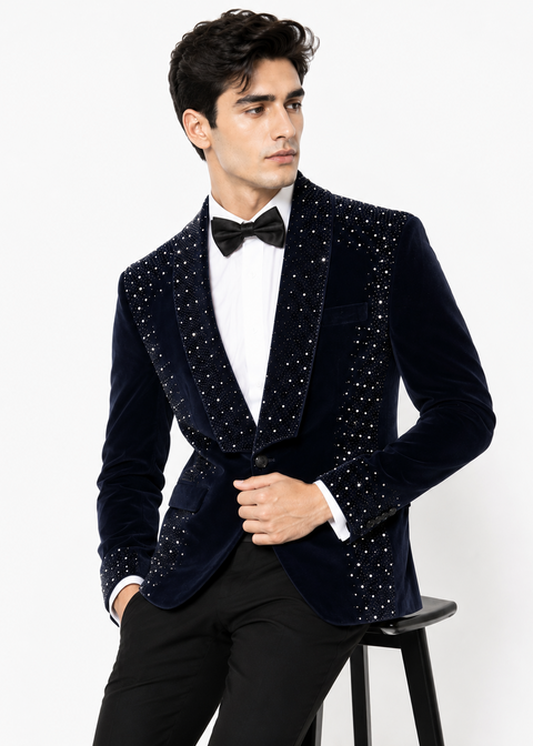 Navy Embellished Rhinestone Velvet Tuxedo Suit