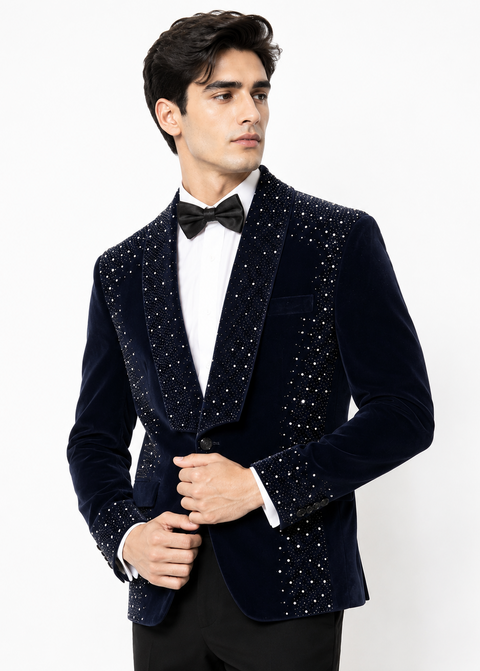 Navy Embellished Rhinestone Velvet Tuxedo Suit