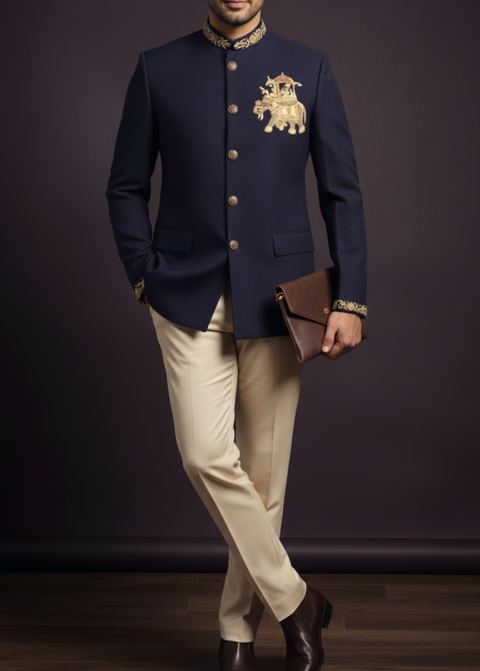 Navy Blue Elephant Embroidered Bandhgala Suit
