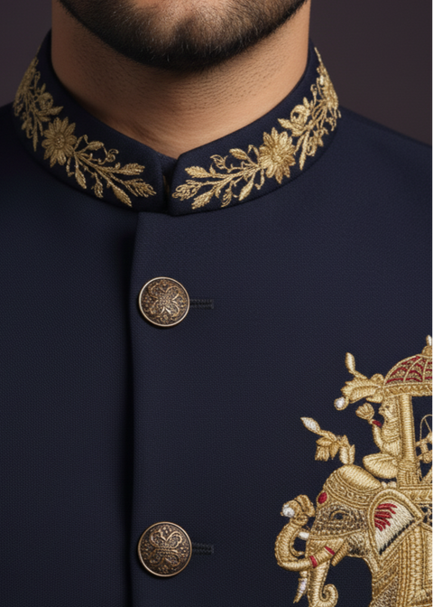 Navy Blue Elephant Embroidered Bandhgala Suit