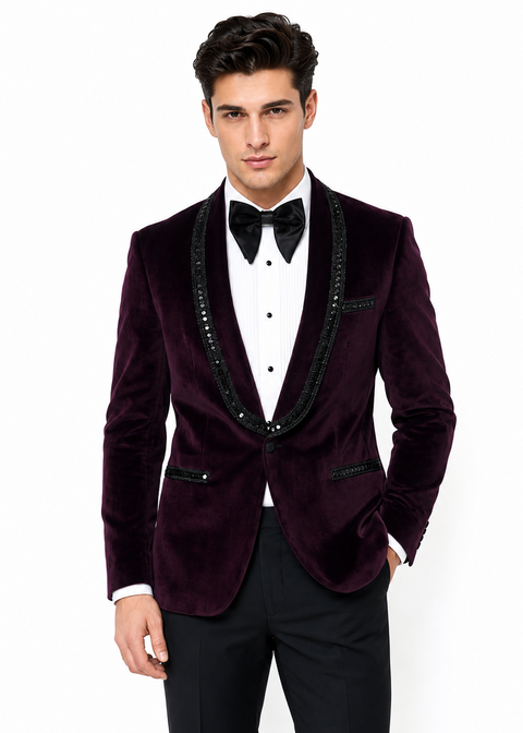 Purple Velvet Embellished Tuxedo Suit