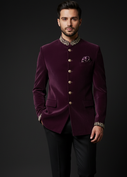 Purple Velvet Jodhpuri Suit with Gold Embroidery