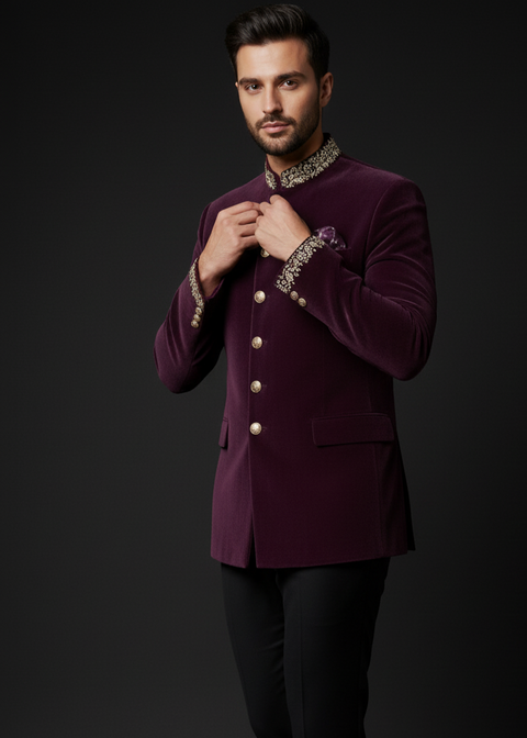Purple Velvet Jodhpuri Suit with Gold Embroidery