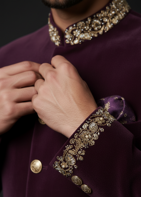 Purple Velvet Jodhpuri Suit with Gold Embroidery