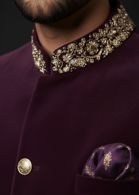 Purple Velvet Jodhpuri Suit with Gold Embroidery