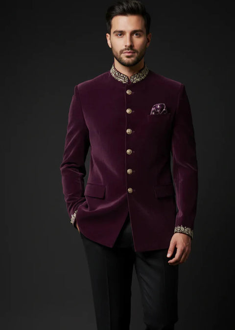 Purple Velvet Jodhpuri Suit with Gold Embroidery
