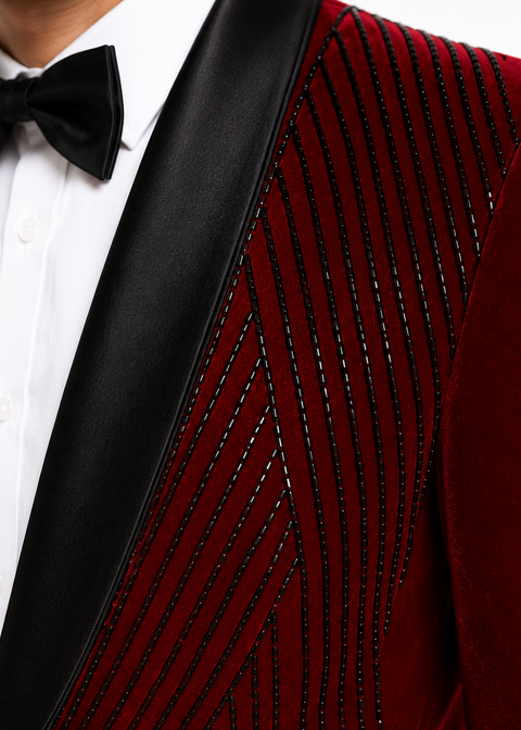 Burgundy Velvet Cutdana Embellished Tuxedo