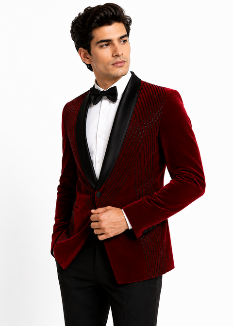 Burgundy Velvet Cutdana Embellished Tuxedo