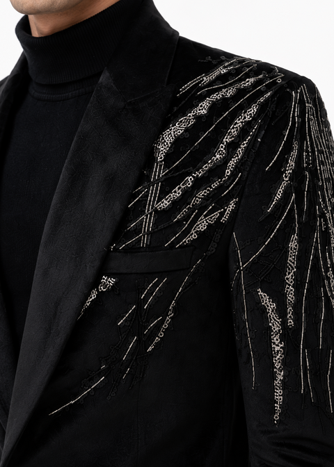 Silver Embellished Velvet Blazer in Black