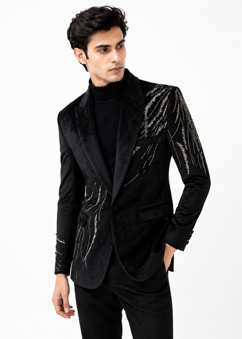 Silver Embellished Velvet Blazer in Black