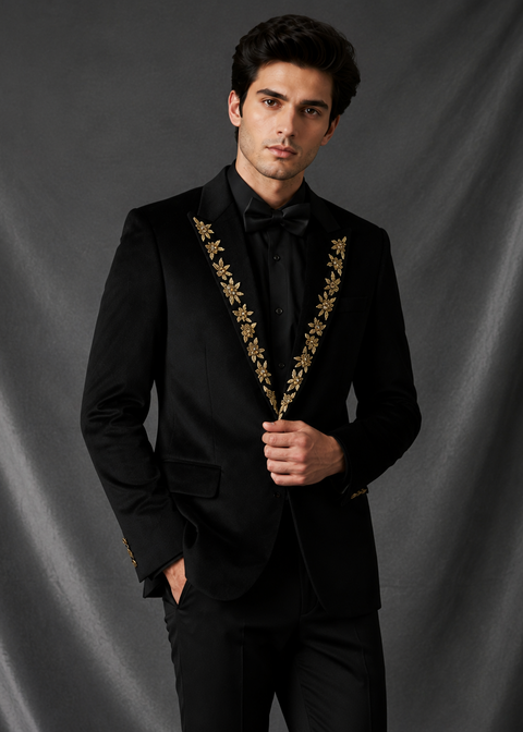 Slim Fit Black Velvet Blazer Suit with Zardozi Floral Embroidery