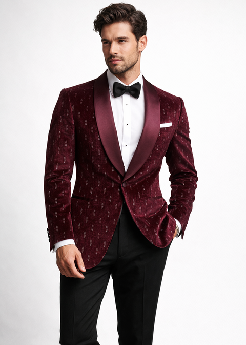 Slim Fit Burgundy Velvet Shawl Lapel Tuxedo Suit