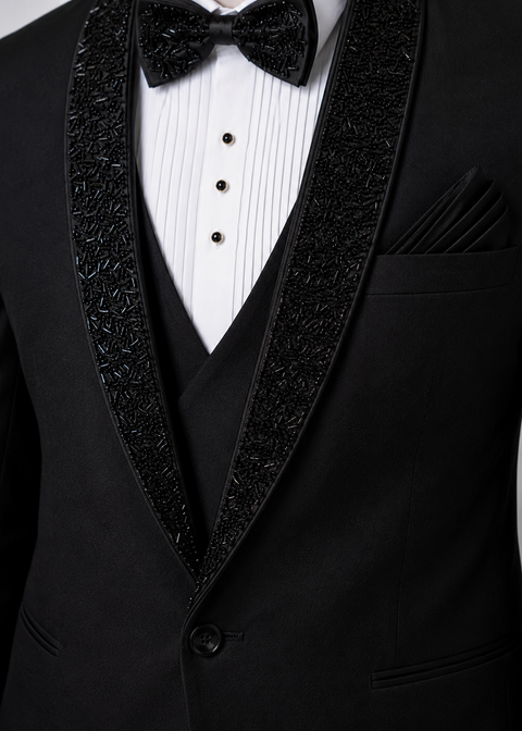 Slim Fit Black Embellished Shawl Lapel Tuxedo