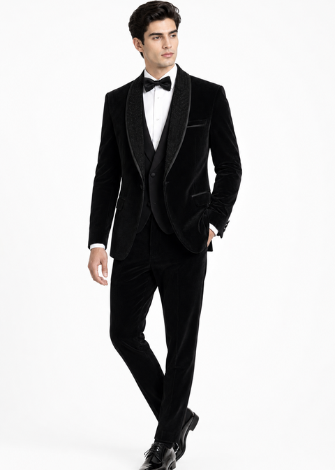 Slim Fit Black Velvet Embellished Detachable Lapel Tuxedo