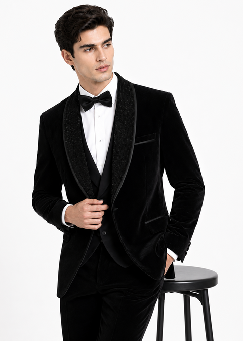 Slim Fit Black Velvet Embellished Detachable Lapel Tuxedo
