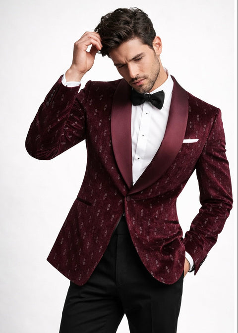 Slim Fit Burgundy Velvet Shawl Lapel Tuxedo Suit