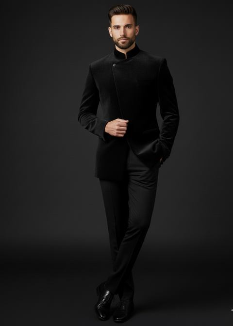 Slim Fit Solid Black Velvet Bandhgala Suit